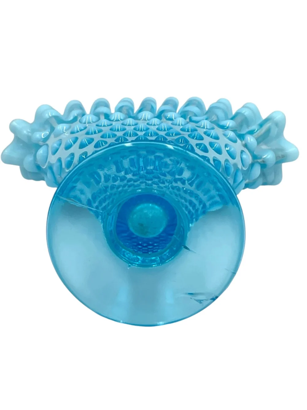 Vintage Fenton Blue Opalescent Hobnail Ruffled Fan Vase & Bon Bon Dish